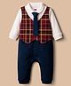 Babyhug Interlock Knit Full Sleeves Party Romper With Attached Checks Waistcoat & Tie - Navy Blue & Maroon
