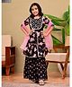 FlyFinns Cotton Woven Three Fourth Sleeves Floral Printed Gota Lace Embellished Kurti Sharara & Dupatta Set - Black