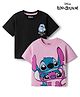 Bonfino Disney Single Jersey Knit Half Sleeves Drop Shoulder T-Shirts With Lilo N Stitch Pack Of 2 - Pink & Black