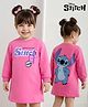 Bonfino Disney Terry Knit Drop Shoulder Full Sleeves Frock with Front & Back Lilo & Stitch Graphic - Pink