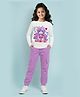 Trampoline Cotton Blend Knit Full Sleeves Cute Girl Printed Tee & Joggers Set - White & Purple