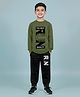 Trampoline Cotton Blend Knit Full Sleeves Run Text Printed Tee With Jogger Set - Green & Black
