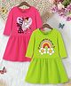 Trampoline Cotton Blend Knit Pack Of 2 Three Fourth Sleeves Ballerina & Floral Printed Dress - Pink & Green