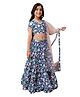 Cutiediva Muslin Woven Half Sleeves Floral Printed Tiered Lehenga Choli With Dupatta Set - Blue