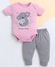 Polka Tots Cotton Knit Half Sleeves Koala & Need Hug Text Printed Onesie & Pajamas Set - Pink