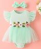 Mark & Mia Frill Sleeves Frock Style Onesie With Floral Applique & Headband - Sea Green
