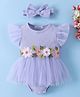 Mark & Mia Frill Sleeves Frock Style Onesie With Floral Applique & Headband - Purple