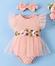 Mark & Mia Frill Sleeves Frock Style Onesie With Floral Applique & Headband - Pink