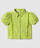 Nautinati Cotton Knit Half Puffed Sleeves Gingham Checked Shirt Style Top - Green