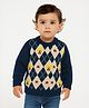 Nautinati Knit Full Sleeves Argyle & Teddy Designed Sweater - White & Navy Blue