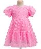 Bonfino Woven Half Flutter Sleeves Party Dress with 3D Flowers Detailing - Pink