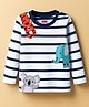 Babyhug 100% Cotton Knit Full Sleeves T-Shirt with Animal Embroidery & Stripes - Navy Blue & White