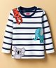 Babyhug 100% Cotton Knit Full Sleeves T-Shirt with Animal Embroidery & Stripes - Navy Blue & White