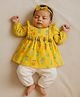 Somersault Cotton Woven Full Sleeves Floral Printed Kurti & Pyjama Set - Yellow