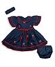 My Milestones 100% Cotton Woven Half Flutter Sleeves Cherry Embroidered  Dress With Bloomer & Headband - Navy Blue