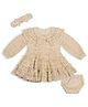 My Milestones Cotton Woven Full Sleeves Crochet Dress With Bloomers & Headband - Beige
