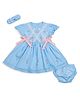 My Milestones 100% Cotton Woven Half Puffed Sleeves Bow Applique Detailed Floral Embroidered Dress With Bloomer & Headband - Blue