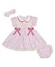 My Milestones 100% Cotton Woven Half Puffed Sleeves Floral Printed Lace Frill & Bow Applique Detailed Dress With Bloomer & Headband - Pink