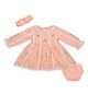My Milestones 100% Cotton Woven Full Peasant Sleeves Floral Embroidered Dress With Bloomer & Headband - Peach