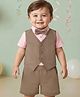 Babyoye Cotton Knit Half Sleeves Solid Color 3 Piece Party Suit with Bow - Pink & Brown