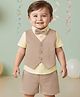 Babyoye Cotton Woven Half Sleeves Solid Color 3 Piece Party Suit with Bow - Beige & Yellow