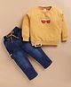 KIDZELLO Cotton Knit Full Sleeves Cool Vibes Text Printed Tee & Jeans - Mustard