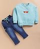 KIDZELLO Cotton Knit Full Sleeves Cool Vibes Text Printed Tee and Jeans - Light Blue