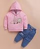KIDZELLO Cotton Knit Full Sleeves Good Morning Banana Text Printed Hooded Tee & Pant - Pink