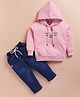 KIDZELLO Cotton Knit Full Sleeves Typography Printed Hooded Tee & Jeans - Pink