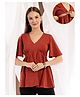 Zelena 95% Cotton 5% Elastane Woven Half Sleeves Solid Maternity Top With Side Concealed Zipper Nursing Access - Rust