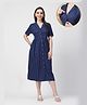 Zelena Rayon Woven Half Sleeves Bandhani Printed Shirt Style Maternity Dress With Front Open Nursing Access - White & Blue