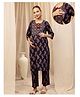 Zelena Cotton Silk Woven  Three Fourth Sleeves Floral Printed Maternity Kurti With Side Zipper Nursing Access & Pant With Dupatta Set - Navy Blue Floral