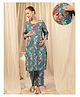 Zelena Cotton Silk Woven  Three Fourth Sleeves Floral Printed Maternity Kurti With Side Zipper Nursing Access & Pant With Dupatta Set - Teal Green