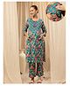 Zelena Cotton Silk Woven Three Fourth Sleeves Floral Printed Maternity Kurti With Side Zipper Nursing Access & Pant Set - Turquoise Blue