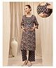 Zelena Cotton Silk Woven Three Fourth Sleeves Floral Printed Maternity Kurti With Side Zipper Nursing Access & Pant Set - Navy Blue