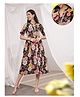Zelena Rayon Woven Half Sleeves Floral Printed Lace Embellished Maternity Dress With Front Open Nursing Access - Dark Wine