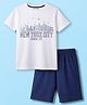 Kookie Kids Single Jersey Knit Half Sleeves T-Shirt & Shorts Set with Text Print - White & Navy Blue