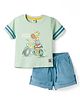 ToffyHouse Woven Half Sleeves T-Shirt & Shorts Set With Giraffe Print - Sea Green