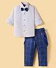 Radutu  Full Sleeves Solid Shirt & Pant Set With Suspender & Bow - White & Blue