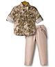 Radutu  Full Sleeves Leaves Printed Shirt & Pant Set With Suspender & Bow - Brown