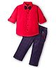 Radutu  Full Sleeves Solid Shirt & Pant Set With Suspender & Bow - Red & Navy Blue