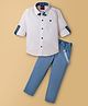 Radutu  Full Sleeves Textured Shirt & Pant Set With Suspender & Bow - White & Sky Blue