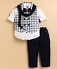 LITTLE COLLARS Cotton Woven Full Sleeves Checked 3 Piece Party Suit Set With Bow & Stole - Navy Blue