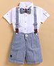 LITTLE COLLARS Cotton Woven Half Sleeves Solid Shirt & Shorts  With Suspender & Bow Set - Blue