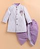 LITTLE COLLARS Jacquard Woven Full Sleeves Abstract Embroidered Achkan With Dhoti & Brooch Set - Lavender