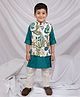 LITTLE COLLARS Pure Organic Cotton Woven Full Sleeves Solid Kurta Pyjama With Floral Printed Nehru Jacket Set - Blue