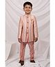LITTLE COLLARS Jacquard Woven Full Sleeves Sequins Embellished Sherwani Pant Set With Brooch - Peach