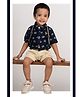 LITTLE COLLAR Cotton Woven Half Sleeves Elephant Printed Shirt & Shorts Set With Suspender & Bow - Blue