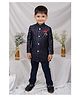 LITTLE COLLARS Blended Woven Full Sleeves Sequins Embellished  Sherwani Pant Set With Brooch - Navy Blue