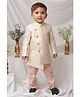 LITTLE COLLARS Blended Woven Full Sleeves Thread Work Embroidered & Sequins Embellished Achkan Pyjama Set With Brooch - Cream